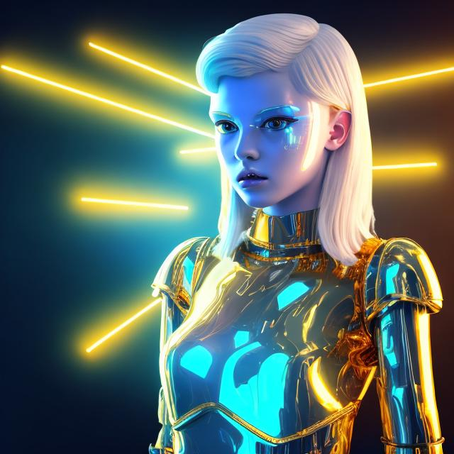 Prompt: Younger,Dressed like a very young Robotic Pleiadian Nordic blonde from the Galactic Federation of Light, gold armor,wearing silver blue lipstick,high resolution, 3D render, style of cyberpunk, gold and neon background 