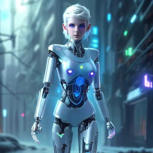 Prompt: Dressed like a very young Robotic Pleiadian Nordic blonde from the Galactic Federation of Light,  high resolution, 3D render, style of cyberpunk 