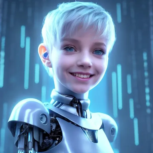 Prompt: Smiling,Very Short Hair,Dressed like a very young cute Robotic Pleiadian Nordic blonde girl from the Galactic Federation of Light, wearing silver blue lipstick,high resolution, 3D render, style of cyberpunk in 1899, neon computer chips background, full body view from above