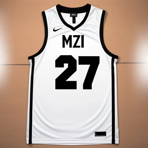 Prompt: White basketball jersey with number 27, player name 'Mzi', bold and clean typography, professional stitching, high quality, sporty, athletic, detailed design, minimalist, clean lines, athletic fit, breathable fabric, sporty, high-res, athletic typography, professional, sleek design