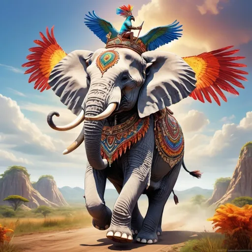 Prompt: aarakocra riding elephant