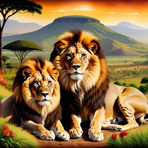 Prompt: Ethiopia king & queen portrayed as majestic animals, (regal lions) sitting proudly amidst a lush Ethiopian landscape. Rich colors gracing their fur, warm golden and deep earth tones reflecting the culture, adorned in textured crowns of vibrant flowers and jewels. The background features striking mountains and waving savannah grass, creating an enchanting atmosphere. High quality HD image, ultra-detailed, atmospheric and culturally rich.