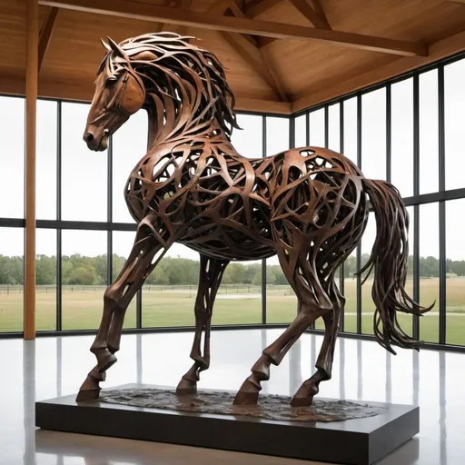 Prompt: "Equinox" is a monumental sculpture capturing the essence of the horse - a symbol of grace, strength, and untamed spirit. This larger-than-life installation celebrates the majestic beauty and profound symbolism of the equine form, inviting viewers into a realm where art and nature converge.