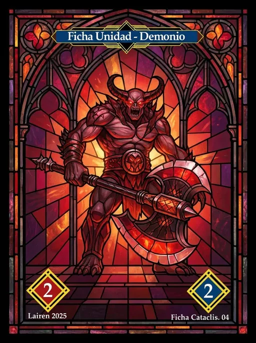 Prompt: Epic medieval cathedral stained glass window art depicting a powerful demonic warrior holding a massive battle axe. The demon stands in formal upright symmetrical pose, gripping the large axe vertically at their side. The entire figure is rendered as luminous colored glass panels with black lead came lines separating each section. The demon's armor, horns, wings, battle axe and body are all made of translucent stained glass in crimson red, blood ruby, dark burgundy, burning orange, and obsidian black tones. Light streams through the colored glass creating a glowing translucent effect. The demon represents infernal architects who helped build the colosseum. Background: gothic arch window frame with more stained glass panels in deep reds, purples, and fiery amber creating radiant backlighting. Ornate decorative border made of lead came and colored glass. This is pure stained glass art - everything is translucent colored glass with lead lines, like in a medieval church window. Premium fantasy TCG card art, vertical format, absolutely no text anywhere, no words, no letters, no logos, no pickaxe, only a battle axe weapon.

on the image i provide we mut keep the upper badge with the text and also the text below the middle of the page and also the two red and blue with yellow border that are the Streng  and resistance


the upper badge and red and blue elements that represents status must  be the same as the sample i provide



not need to use the same character as the sample is just to show the elements i want to keep


