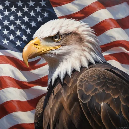 Prompt: An oil paint of the 2016 US President with american flag, bald eagle, patriotic spirit