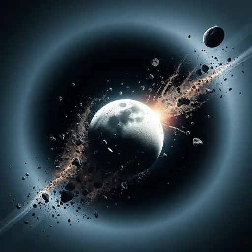 Prompt: moon forming collision with debris flying through space