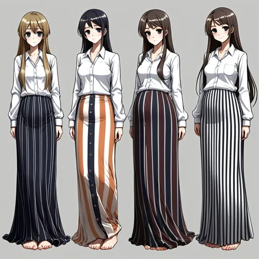 Prompt: Multiple slender barefooted pregnant long-straight haired anime girls who are wearing maxi long vertical striped skirts that are extremely long. The anime girls are also wearing long-sleeved buttoned white shirts.

The long maxi skirts have vertical striped patterns.