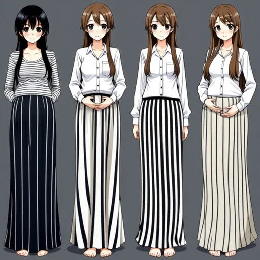 Prompt: Multiple slender barefooted pregnant long-straight haired anime girls who are wearing maxi long vertical striped skirts that are extremely long. The anime girls are also wearing long-sleeved buttoned white shirts.

The long maxi skirts have vertical striped patterns.