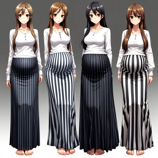 Prompt: Multiple slender barefooted pregnant long-straight haired anime girls who are wearing maxi long vertical striped skirts that are extremely long. The anime girls are also wearing long-sleeved buttoned white shirts.

The long maxi skirts have vertical striped patterns.