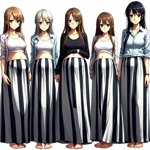 Prompt: Multiple slender barefooted pregnant long-straight haired anime girls who are wearing maxi long vertical striped skirts that are extremely long. The anime girls are also wearing long-sleeved buttoned white shirts.

The long maxi skirts have vertical striped patterns.