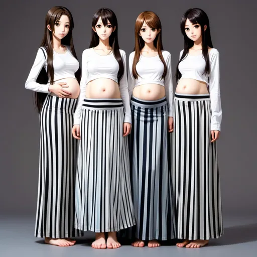 Prompt: Multiple slender barefooted pregnant long-straight haired anime girls who are wearing maxi long vertical striped skirts that are extremely long. The anime girls are also wearing long-sleeved buttoned white shirts.

The long maxi skirts have vertical striped patterns.