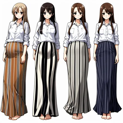 Prompt: Multiple slender barefooted pregnant long-straight haired anime girls who are wearing maxi long vertical striped skirts that are extremely long. The anime girls are also wearing long-sleeved buttoned white shirts.

The long maxi skirts have vertical striped patterns.