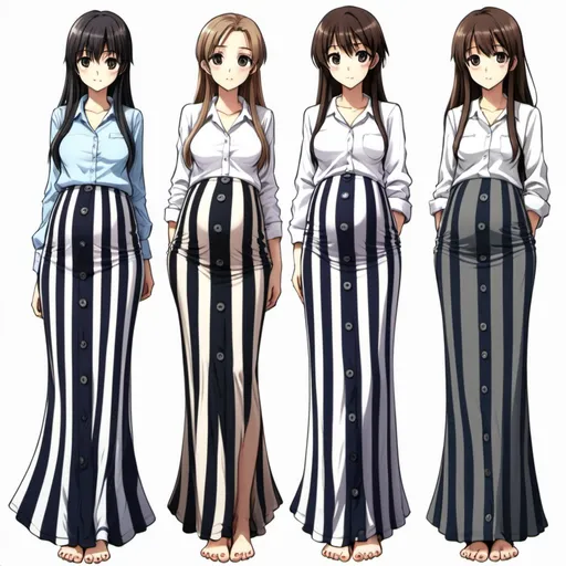 Prompt: Multiple slender barefooted pregnant long-straight haired anime girls who are wearing maxi long vertical striped skirts that are extremely long. The anime girls are also wearing long-sleeved buttoned white shirts.

The long maxi skirts have vertical striped patterns.