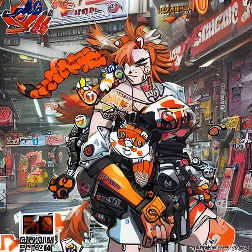 Prompt: retrogaming gaming logo spad_electronics with orange and white company name and a cute and cyberpunk mascot, with dreadlocks jacks, stylized fox 