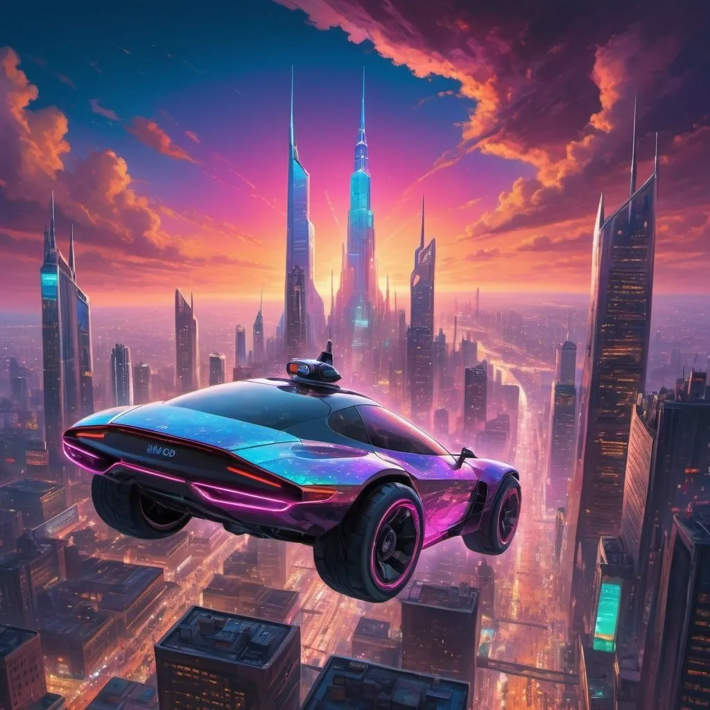 Prompt: The hovercar lurched forward, then effortlessly lifted off the platform, rising into the neon-drenched sky. The cityscape unfolded beneath them, a breathtaking tapestry of light and chrome. Gleaming towers shimmered like polished gemstones, their holographic advertisements casting a kaleidoscope of colors across the cityscape. Neo whooped with delight, feeling a surge of exhilaration he hadn’t experienced since his first days as The One.