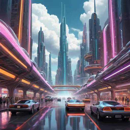 Prompt: City of Tomorrow: A neon-drenched metropolis where chrome giants pierce the clouds and hovercars zip through luminescent traffic lanes.

