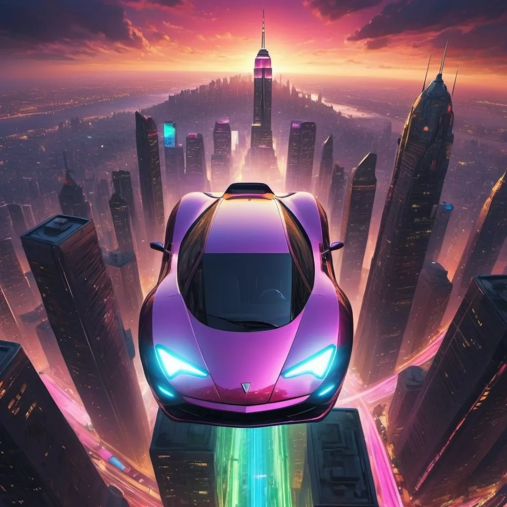 Prompt: The hovercar lurched forward, then effortlessly lifted off the platform, rising into the neon-drenched sky. The cityscape unfolded beneath them, a breathtaking tapestry of light and chrome. Gleaming towers shimmered like polished gemstones, their holographic advertisements casting a kaleidoscope of colors across the cityscape. Neo whooped with delight, feeling a surge of exhilaration he hadn’t experienced since his first days as The One.