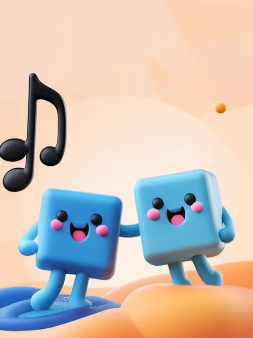 Prompt:  <mymodel>Two happy blue cubes dancing, puzzle, high quality, minimalist background, vibrant colors, music-inspired, simple design, pastel tones, ambient lighting, simple, black eyes, holding two big black music notes