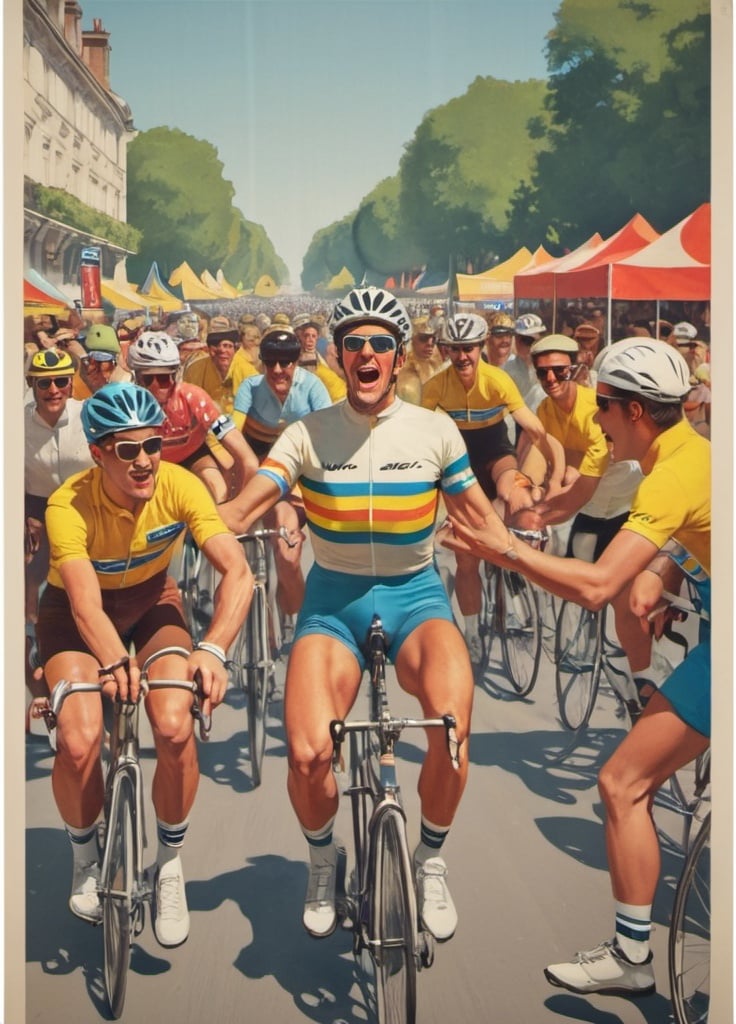 Prompt: Retro Tour de France poster combined with a dance disco festival poster. Lots of people dancing. One crazy cyclist in the middle.