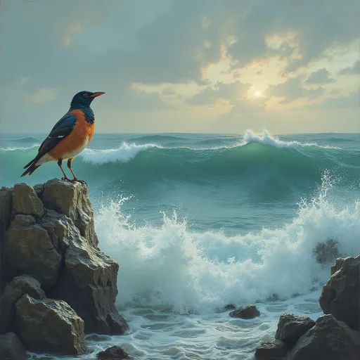 Prompt: A thrush singing over a raging ocean

