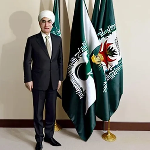 Prompt: Mohammad Reza Pahlavi standing in front of lion Iran flag