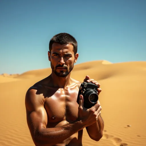 Prompt: > مصطفى فاضل:
A person needs a camera and he is thirsty in the desert
