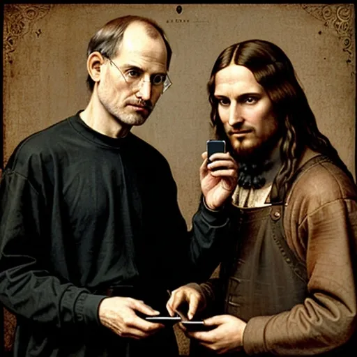 Prompt: (illustration) Steve Jobs teaching (Leonardo Da Vinci) how to use an iPhone, vibrant colors, whimsical atmosphere, playful interaction, detailed expressions, contrasting historical setting with modern technology, unique blend of vintage and contemporary elements, artistic representation, dynamic composition, high quality, imaginative storytelling