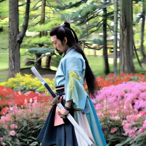 Prompt: (abstract art style), pastel color scheme, vibrant hues of pink, blue, and yellow, serene and tranquil atmosphere, A (Japanese samurai) from 16th century feudal Japan, (long hair), two swords, standing majestically in a flower garden, surrounded by (tall trees) and blooming flora, harmonious blend of colors, creative interpretation of strength and calmness, 4K ultra-detailed image, evoking a sense of peace and introspection (historical elegance)..