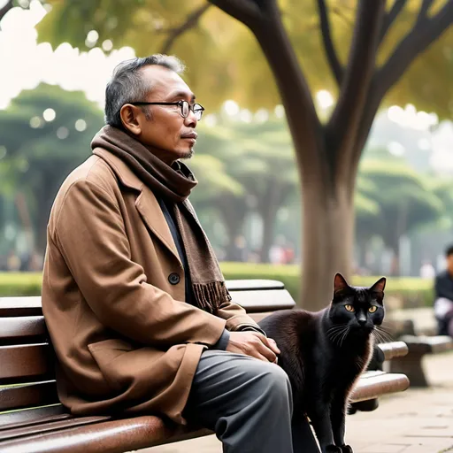 Prompt: A wise javanese man in brown coat and a scarf sitting on a bench a quiet, serene park with a black cat contemplating. Camera from below, left-hand side, looking up to the man's profile face