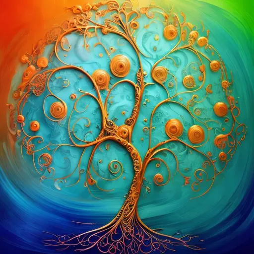 Prompt: 3D tree of life, abstract expressionism, vibrant energy, filigree branches, filigree roots,  background, light blue shades, orange contrast, high quality, 3D rendering, vibrant green colours, energetic, abstract, organic form, expressive art style, dynamic composition, swirling patterns, intricate details, vibrant energy, intense contrast, textured brushstrokes, atmospheric lighting