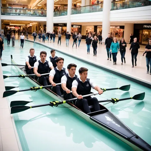 Prompt: A crew team rowing a 4 person skul through the mall frantically