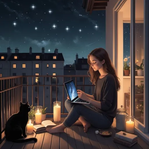 Prompt: a girl in her 30 sitting with her black cat watching stars in her balcony . Also has candles,laptop,ipad and books and beautiful snacks around her 