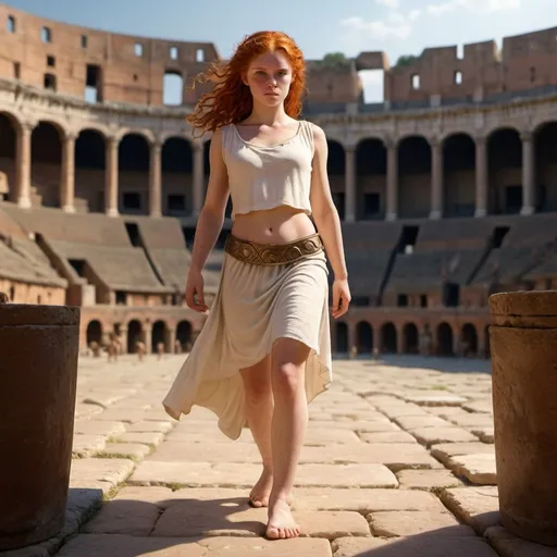 Prompt: Redheaded Roman slave girl, barefoot, entering the coliseum, small white skirt, white top, exposed belly, young adult, ancient Rome, historical setting, warm tones, detailed facial features, detailed clothing, realistic, high quality, historical, warm lighting, barefoot, view front, view back, whole body visible, bare feet.