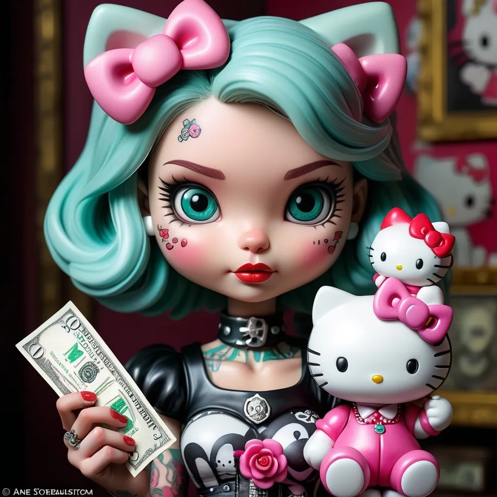 Prompt: a hello kitty doll holding a hello kitty doll with a dollar bill in her hand and a hello kitty doll with a hello kitty doll, Anne Stokes, pop surrealism, kawaii, a tattoo