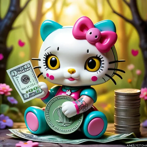 Prompt: a hello kitty doll holding a hello kitty doll with a dollar bill in her hand and a hello kitty doll with a hello kitty doll, Anne Stokes, pop surrealism, kawaii, a tattoo