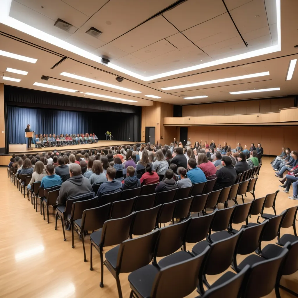 Prompt: An engaging community meeting in a medium-sized teaching auditorium with a large rectangular stage stretching almost the full width of the room. The stage is elevated slightly, where 15 people, including parents, students, and local officials, sit in a semi-circle engaging in a panel discussion. The focus is on the stage, which also includes children and youth sitting alongside the adults. The auditorium has a gentle upward slope with only 7 rows of seats, so those seated at the back sit higher than those at the front. The audience sits in chairs equipped with small student desks, attentively listening, with some submitting questions via smartphones. A small, portable mixing desk is positioned in the middle aisle, and the atmosphere is warm and inviting, with a cake and coffee table for informal conversations with politicians