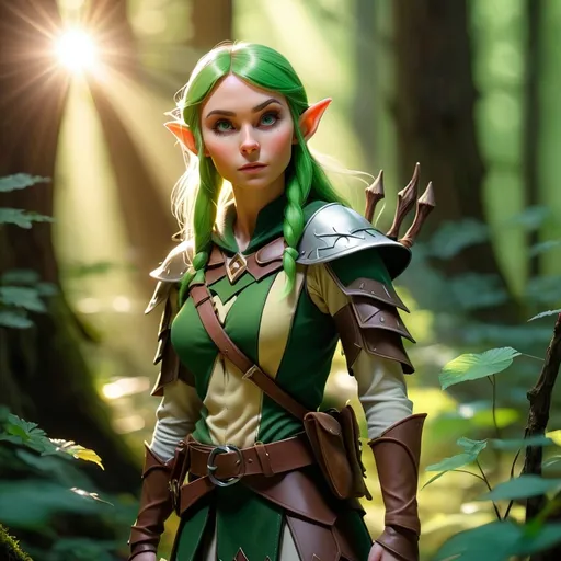 Prompt: Elf ranger in a mystical forest around sunlight