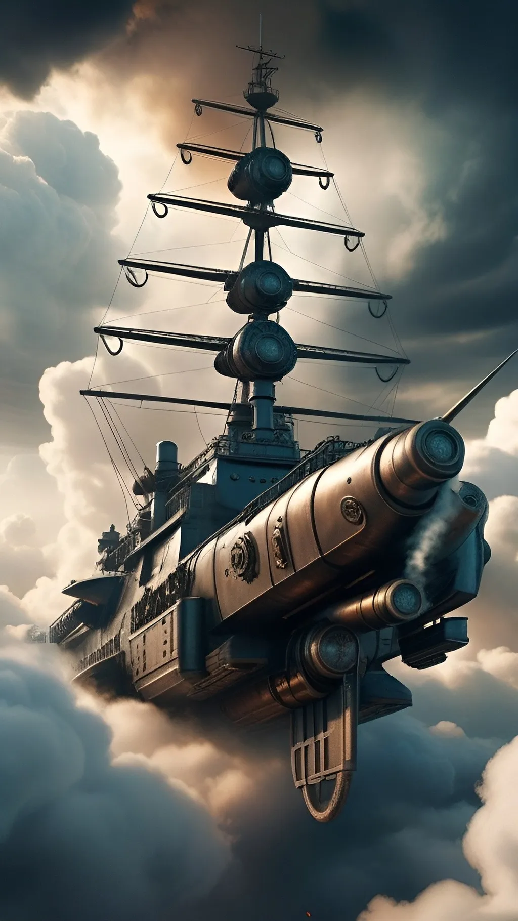 Prompt: (A mighty battle frigate flying through the clouds in dieselpunk style:1.5), (dramatic sky:1.2), (clouds:1.2), (industrial aesthetic:1.3), (steampunk elements:1.1), (detailed machinery:1.2), (metallic textures:1.2), (vintage technology:1.2), (futuristic design:1.2), (highly detailed:1.3), (fantasy setting:1.1), (epic scene:1.3)


