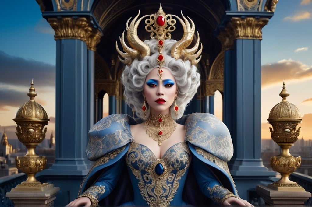 Prompt: A regal figure, presumably a queen or high-ranking individual, adorned in an ornate, silver-blue dress with intricate gold detailing. She wears a large, elaborate headdress with golden horns and white hair styled in elaborate curls. Her makeup is bold, with striking red lips and dark eye makeup. The backdrop is a fantastical cityscape with ornate buildings, all set against a twilight sky. The figure is framed by ornate, curved architectural elements that seem to be part of a grand entrance or throne room.