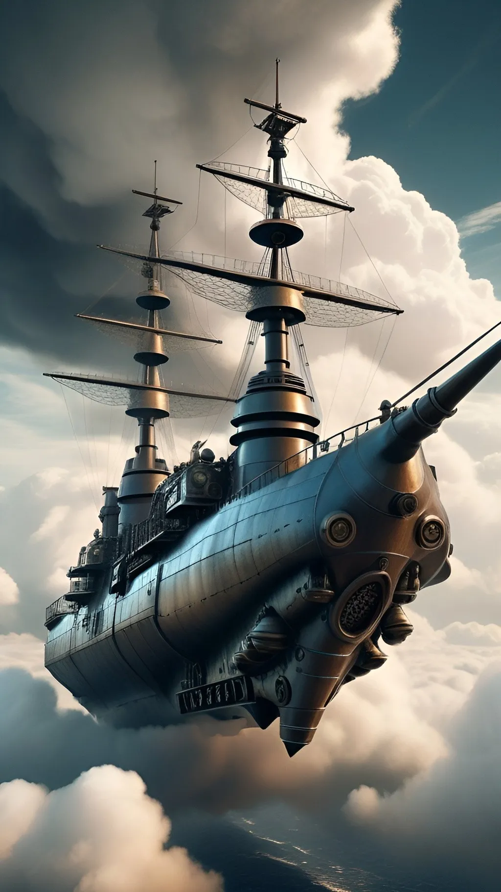 Prompt: (A mighty battle frigate flying through the clouds in dieselpunk style:1.5), (dramatic sky:1.2), (clouds:1.2), (industrial aesthetic:1.3), (steampunk elements:1.1), (detailed machinery:1.2), (metallic textures:1.2), (vintage technology:1.2), (futuristic design:1.2), (highly detailed:1.3), (fantasy setting:1.1), (epic scene:1.3)



