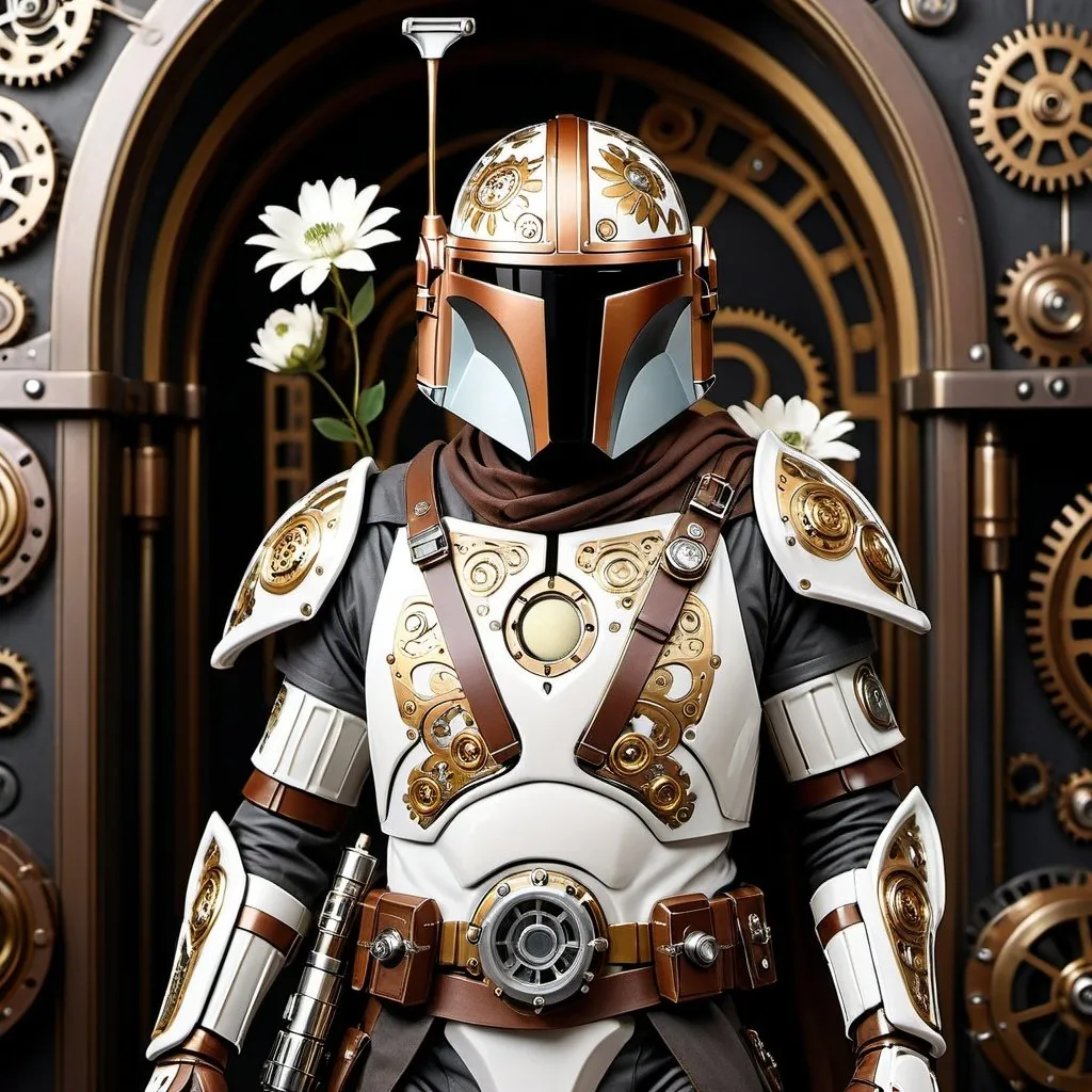 Prompt: (An elegant vintage steampunk Mandalorian with white floral baroque print patterns:1.5), (glossy porcelain glaze finish:1.3), (fine gold accents:1.3), (holding a lance lightsaber:1.4), (hyper realistic:1.4), (photo:1.2), (poster:1.2), (product shot:1.2), (3D render:1.3), (cinematic:1.3), (dark fantasy:1.2), (intricate mechanical details:1.2), (steampunk armor with gears and cogs:1.2), (vintage aesthetic:1.2), (dramatic lighting:1.2), (high contrast shadows:1.2), (ornate patterns:1.2), (elegant design:1.2), (rich textures:1.3), (refined craftsmanship:1.3), (highly detailed:1.4), (8k resolution:1.3)