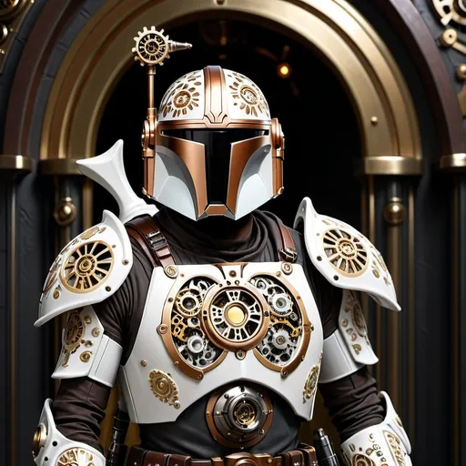 Prompt: (An elegant vintage steampunk Mandalorian with white floral baroque print patterns:1.5), (glossy porcelain glaze finish:1.3), (fine gold accents:1.3), (holding a lance lightsaber:1.4), (hyper realistic:1.4), (photo:1.2), (poster:1.2), (product shot:1.2), (3D render:1.3), (cinematic:1.3), (dark fantasy:1.2), (intricate mechanical details:1.2), (steampunk armor with gears and cogs:1.2), (vintage aesthetic:1.2), (dramatic lighting:1.2), (high contrast shadows:1.2), (ornate patterns:1.2), (elegant design:1.2), (rich textures:1.3), (refined craftsmanship:1.3), (highly detailed:1.4), (8k resolution:1.3)