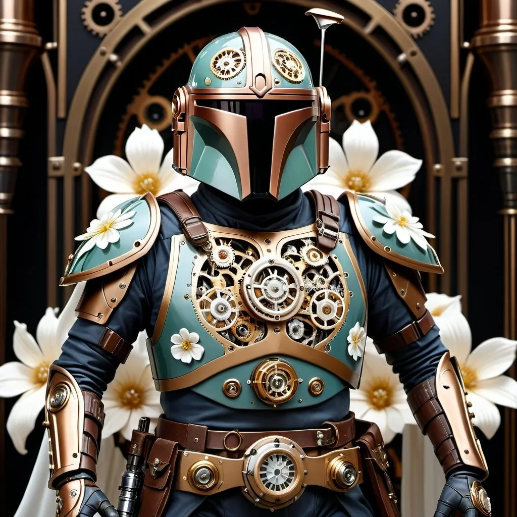 Prompt: (An elegant vintage steampunk Mandalorian with white floral baroque print patterns:1.5), (glossy porcelain glaze finish:1.3), (fine gold accents:1.3), (holding a lance lightsaber:1.4), (hyper realistic:1.4), (photo:1.2), (poster:1.2), (product shot:1.2), (3D render:1.3), (cinematic:1.3), (dark fantasy:1.2), (intricate mechanical details:1.2), (steampunk armor with gears and cogs:1.2), (vintage aesthetic:1.2), (dramatic lighting:1.2), (high contrast shadows:1.2), (ornate patterns:1.2), (elegant design:1.2), (rich textures:1.3), (refined craftsmanship:1.3), (highly detailed:1.4), (8k resolution:1.3)