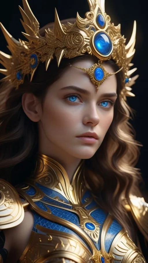 Prompt: (4k:1.2),(a highly detailed fantasy portrait of a woman with striking blue eyes and a calm, focused expression:1.5), (detailed facial features:1.3) (fair skin:1.2), (dark hair styled in soft waves framing her face:1.2), (intricate gold adornment on her forehead:1.3), (elaborate armored bodice with intricate gold detailing:1.4), (organic, flowing forms in the armor:1.2), (detailed golden pauldrons on her shoulders:1.2), (large ornate golden halo with delicate, spiky patterns radiating outward:1.3), (celestial and divine presence:1.3), (dark background creating dramatic contrast:1.2), (dark fantasy atmosphere:1.2), blending beauty, power, and mystique, (raytracing reflections), (masterpiece) 
