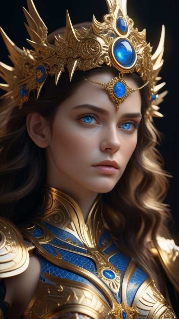 Prompt: (4k:1.2),(a highly detailed fantasy portrait of a woman with striking blue eyes and a calm, focused expression:1.5), (detailed facial features:1.3) (fair skin:1.2), (dark hair styled in soft waves framing her face:1.2), (intricate gold adornment on her forehead:1.3), (elaborate armored bodice with intricate gold detailing:1.4), (organic, flowing forms in the armor:1.2), (detailed golden pauldrons on her shoulders:1.2), (large ornate golden halo with delicate, spiky patterns radiating outward:1.3), (celestial and divine presence:1.3), (dark background creating dramatic contrast:1.2), (dark fantasy atmosphere:1.2), blending beauty, power, and mystique, (raytracing reflections), (masterpiece) 