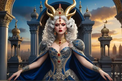 Prompt: A regal figure, presumably a queen or high-ranking individual, adorned in an ornate, silver-blue dress with intricate gold detailing. She wears a large, elaborate headdress with golden horns and white hair styled in elaborate curls. Her makeup is bold, with striking red lips and dark eye makeup. The backdrop is a fantastical cityscape with ornate buildings, all set against a twilight sky. The figure is framed by ornate, curved architectural elements that seem to be part of a grand entrance or throne room.