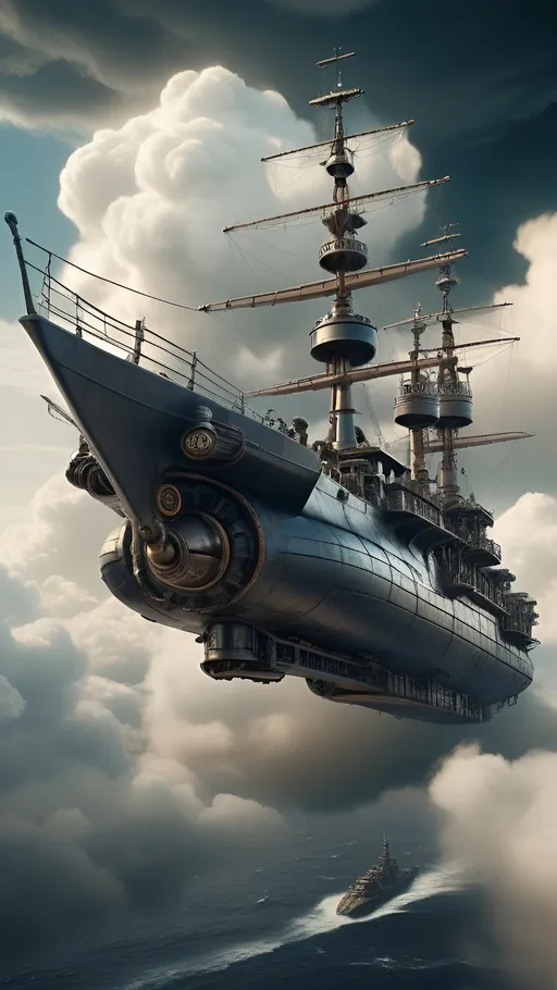 Prompt: (A mighty battle frigate flying through the clouds in dieselpunk style:1.5), (dramatic sky:1.2), (clouds:1.2), (industrial aesthetic:1.3), (steampunk elements:1.1), (detailed machinery:1.2), (metallic textures:1.2), (vintage technology:1.2), (futuristic design:1.2), (highly detailed:1.3), (fantasy setting:1.1), (epic scene:1.3)


