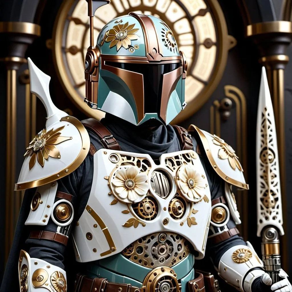 Prompt: (An elegant vintage steampunk Mandalorian with white floral baroque print patterns:1.5), (glossy porcelain glaze finish:1.3), (fine gold accents:1.3), (holding a lance lightsaber:1.4), (hyper realistic:1.4), (photo:1.2), (poster:1.2), (product shot:1.2), (3D render:1.3), (cinematic:1.3), (dark fantasy:1.2), (intricate mechanical details:1.2), (steampunk armor with gears and cogs:1.2), (vintage aesthetic:1.2), (dramatic lighting:1.2), (high contrast shadows:1.2), (ornate patterns:1.2), (elegant design:1.2), (rich textures:1.3), (refined craftsmanship:1.3), (highly detailed:1.4), (8k resolution:1.3)