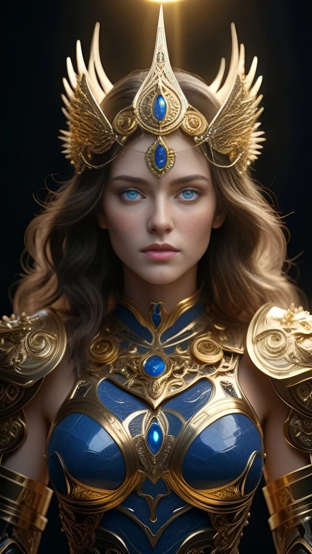 Prompt: (4k:1.2),(a highly detailed fantasy portrait of a woman with striking blue eyes and a calm, focused expression:1.5), (detailed facial features:1.3) (fair skin:1.2), (dark hair styled in soft waves framing her face:1.2), (intricate gold adornment on her forehead:1.3), (elaborate armored bodice with intricate gold detailing:1.4), (organic, flowing forms in the armor:1.2), (detailed golden pauldrons on her shoulders:1.2), (large ornate golden halo with delicate, spiky patterns radiating outward:1.3), (celestial and divine presence:1.3), (dark background creating dramatic contrast:1.2), (dark fantasy atmosphere:1.2), blending beauty, power, and mystique, (raytracing reflections), (masterpiece) 