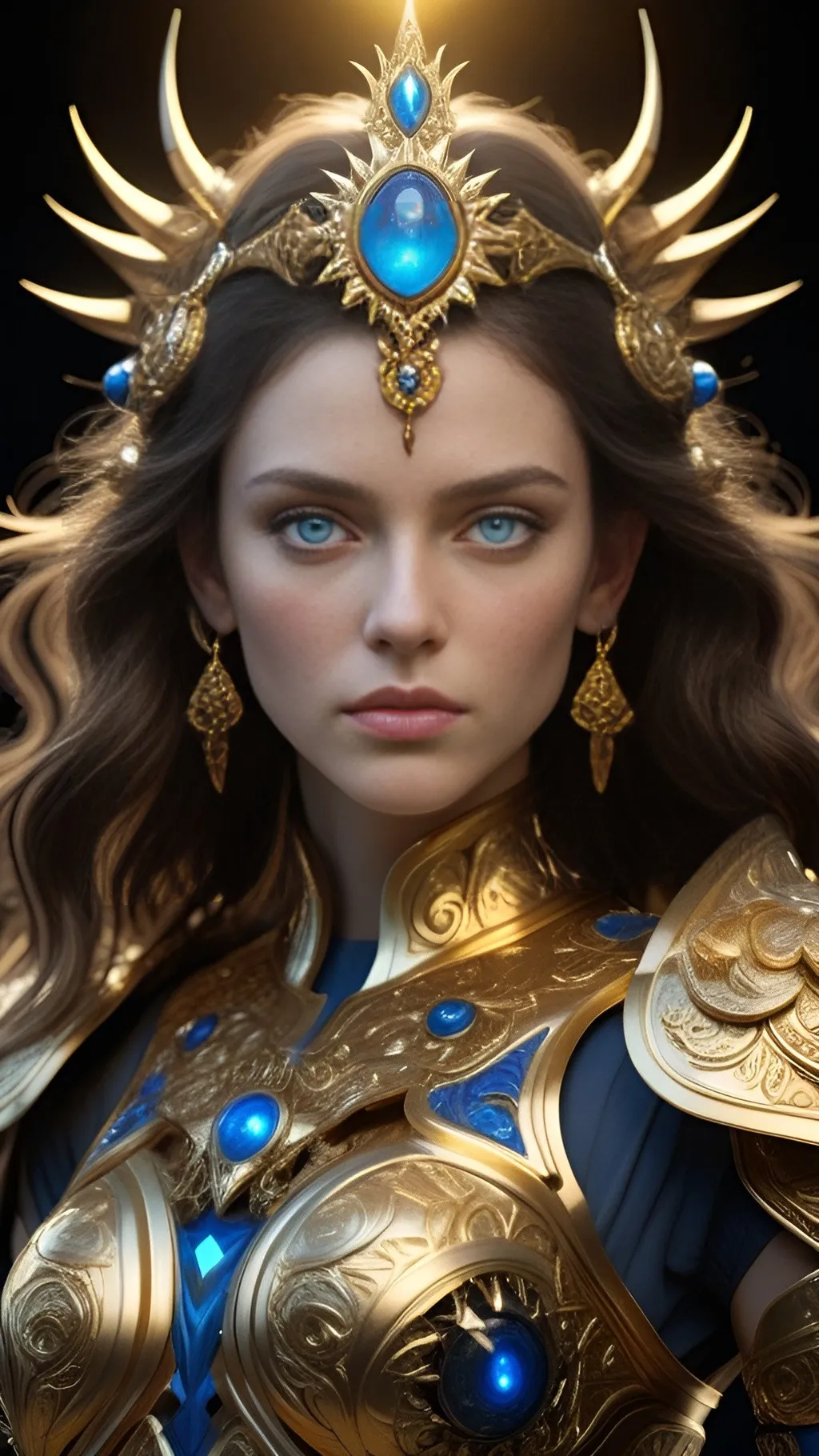 Prompt: (4k:1.2),(a highly detailed fantasy portrait of a woman with striking blue eyes and a calm, focused expression:1.5), (detailed facial features:1.3) (fair skin:1.2), (dark hair styled in soft waves framing her face:1.2), (intricate gold adornment on her forehead:1.3), (elaborate armored bodice with intricate gold detailing:1.4), (organic, flowing forms in the armor:1.2), (detailed golden pauldrons on her shoulders:1.2), (large ornate golden halo with delicate, spiky patterns radiating outward:1.3), (celestial and divine presence:1.3), (dark background creating dramatic contrast:1.2), (dark fantasy atmosphere:1.2), blending beauty, power, and mystique, (raytracing reflections), (masterpiece) 